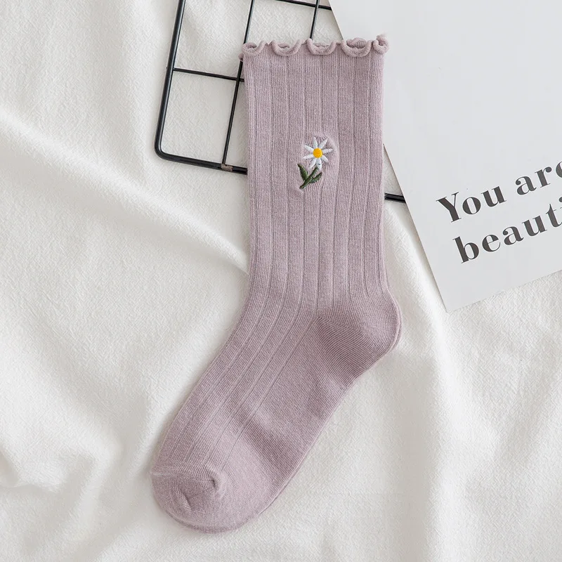 Осенне-зимние женские теплые хлопковые носки Preepy Look милые с цветочной вышивкой в