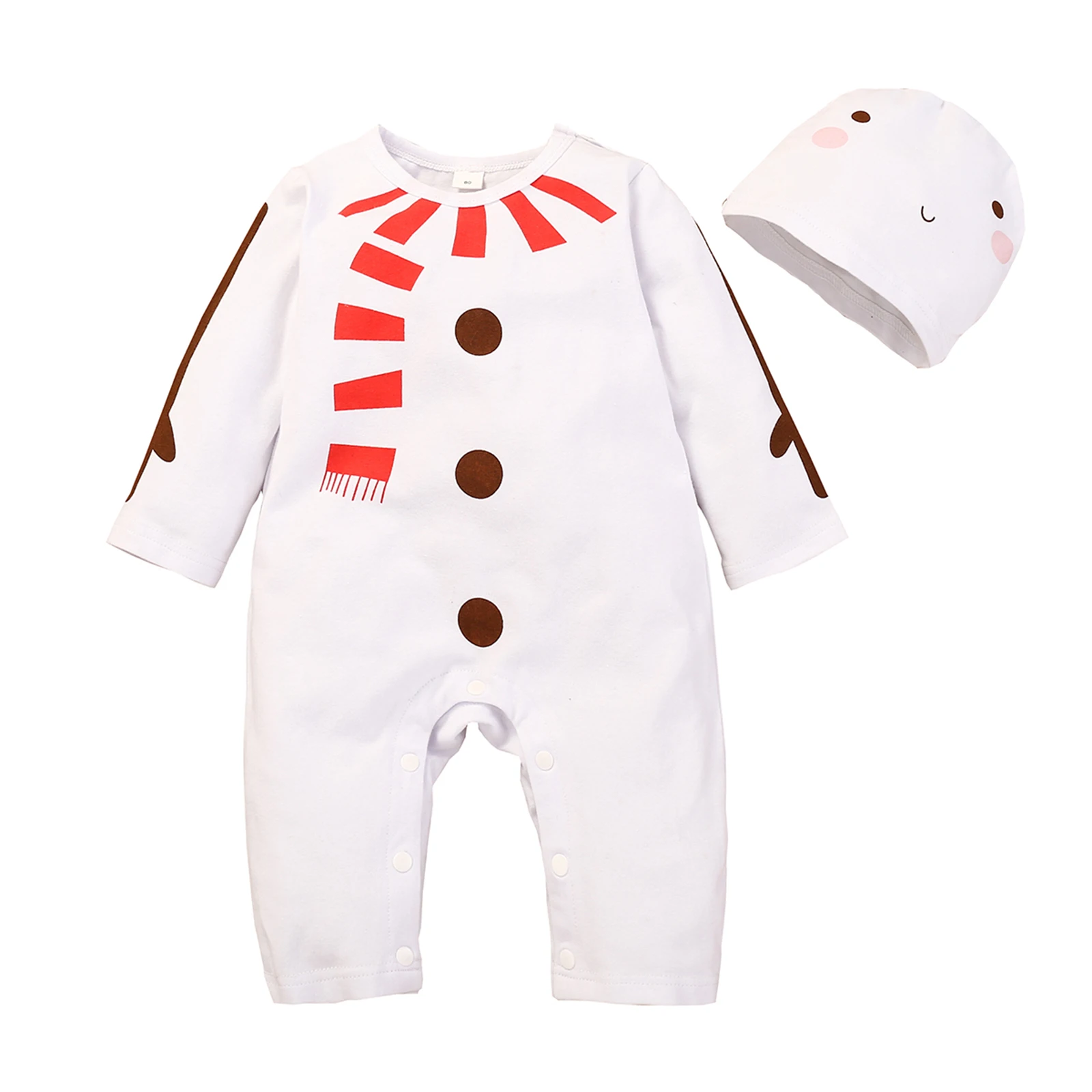 

Toddler Newborn Baby Girls Boys Casual Long Sleeve Jumpsuit with Hat Cartoon Snowman Printing Long Pants Rompers For Babies