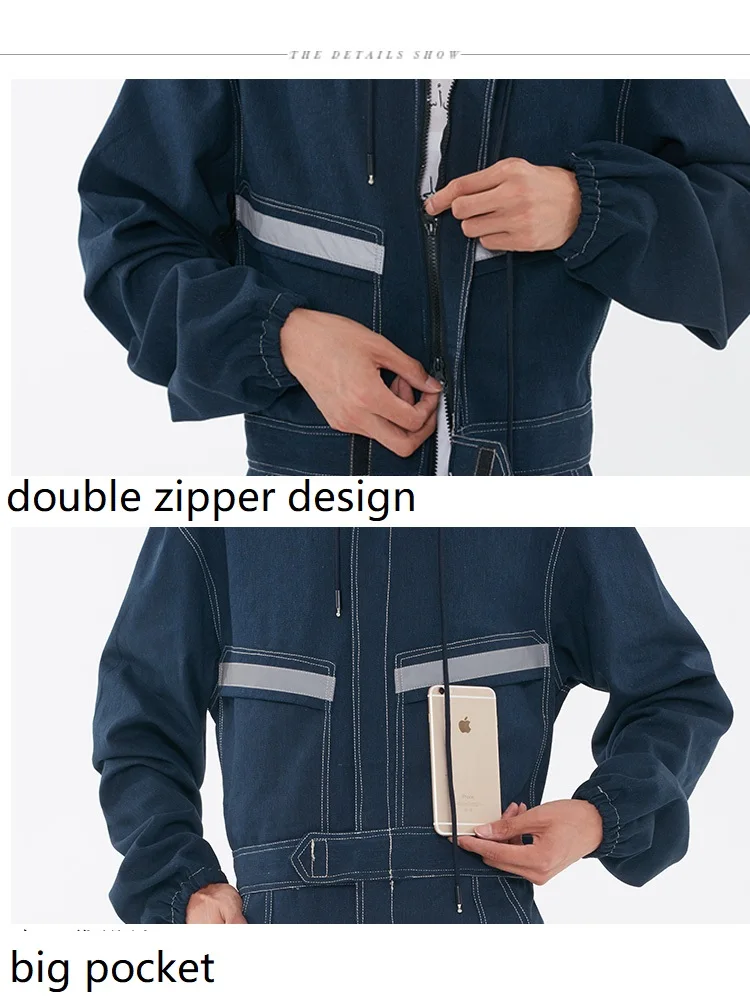 

Reflective Denim Work Uniform Flame Retardant Welding Clothes Jumpsuit Coveralls Overalls Auto Repairman Machine Electric Welder