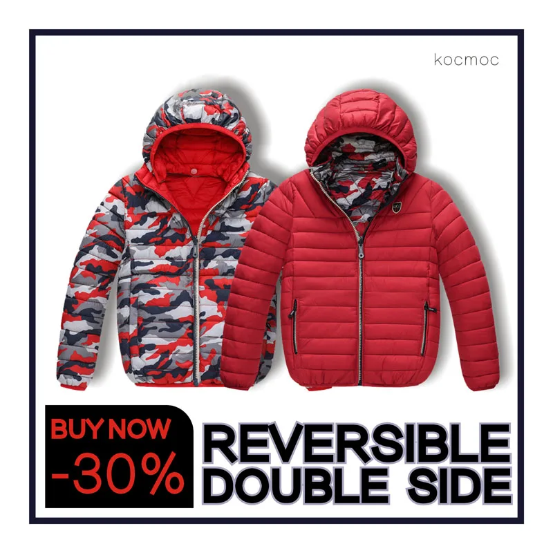 

Autumn Winter Double Side Down Jacket Outerwear Detachable Cap Warm Kids Cotton Coats For Age 4-12 Years Old 86291