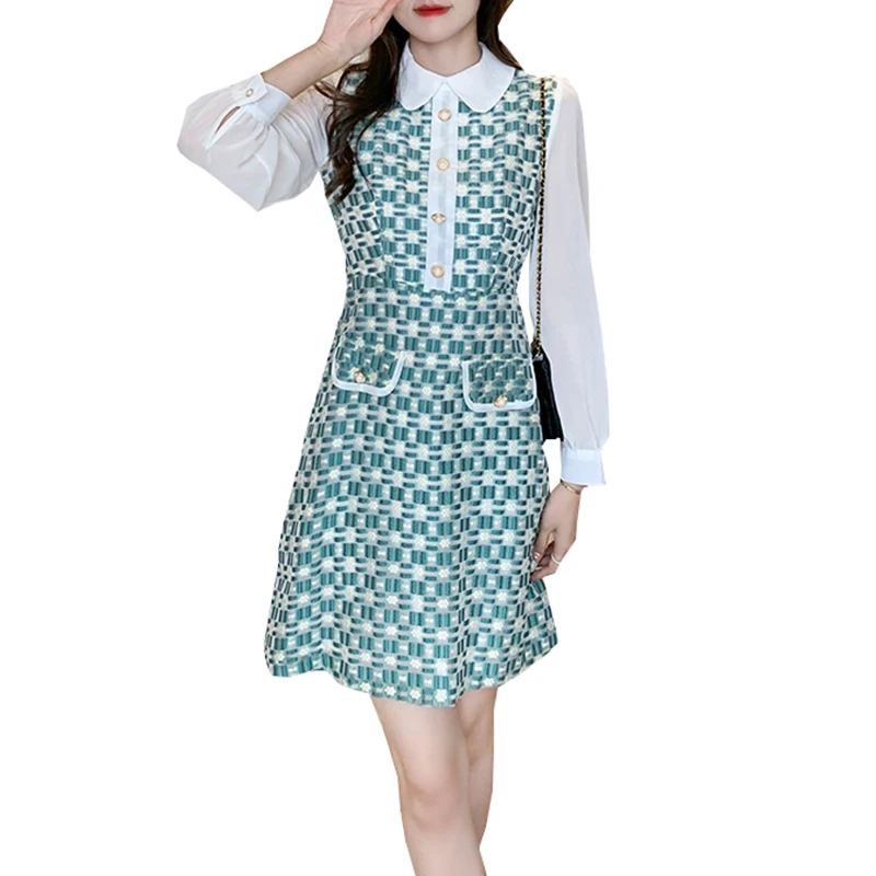 

PERHAPS U Elegant Autumn Tweed Chiffon Spliced Peter Pan Collar Lantern Sleeve Buttons A-Line Slim Knee Dress Short SKirt D3088