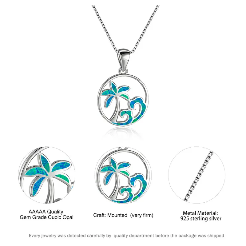 

Boho Female Coconut Tree Wave Pendant Necklaces Dainty Silver Color Chain Necklace Charm Blue Opal Wedding Necklaces For Women