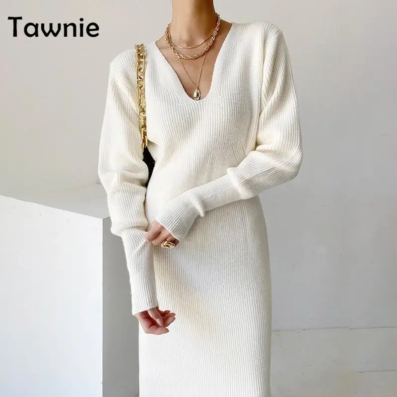 

Женское трикотажное облегающее платье миди Tawnie, длинное платье-свитер с длинным рукавом и V-образным вырезом, облегающее вечернее платье, Ос...