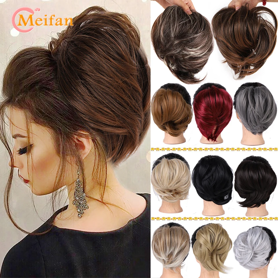 MEIFAN Synthetic Messy Scrunchies Donut Hair Bow Chignon Straight Hair Elastic Rubber Band Hair Bun Extensions Fake Hairpieces