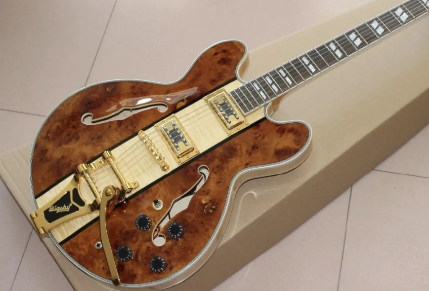 

Custom Shop.F hollow body jazz Electric guitar with Gold Vibrato, Spalted+Flame Maple top,with case
