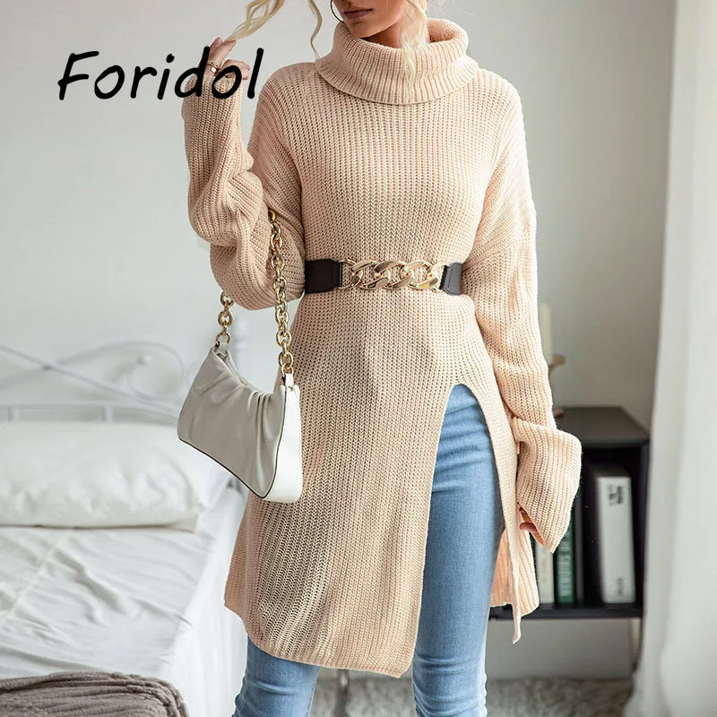 

Casual Turtleneck Long Sleeves Knitted Long Sweater Slit Women Cut Out Jumper High Street Loose Sweater Jumpers