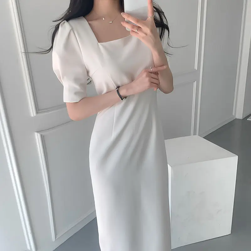 

legant Party Women Dress Slim Square Collar Half Slit Sleeve Midi Dress Casual Summer Office Lady Solid White Puff Sleeve