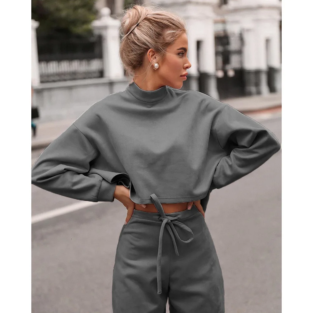 Женский черный свободный спортивный костюм, укороченный топ, штаны-шаровары, подходящий костюм, модный осенний Повседневный женский свитер с длинным рукавом, комплект из 2 предметов