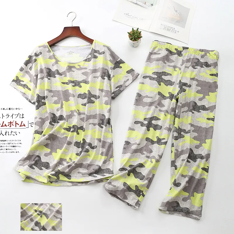 Пижама женская с коротким рукавом тонкая большого размера круглым вырезом