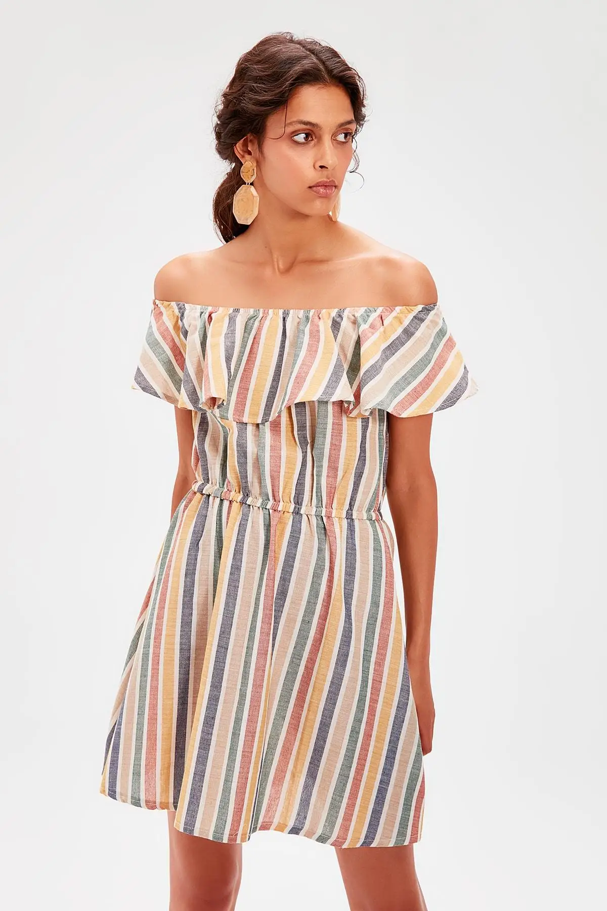 Платье в полоску с воротником стиле Кармен|Женские платья| |