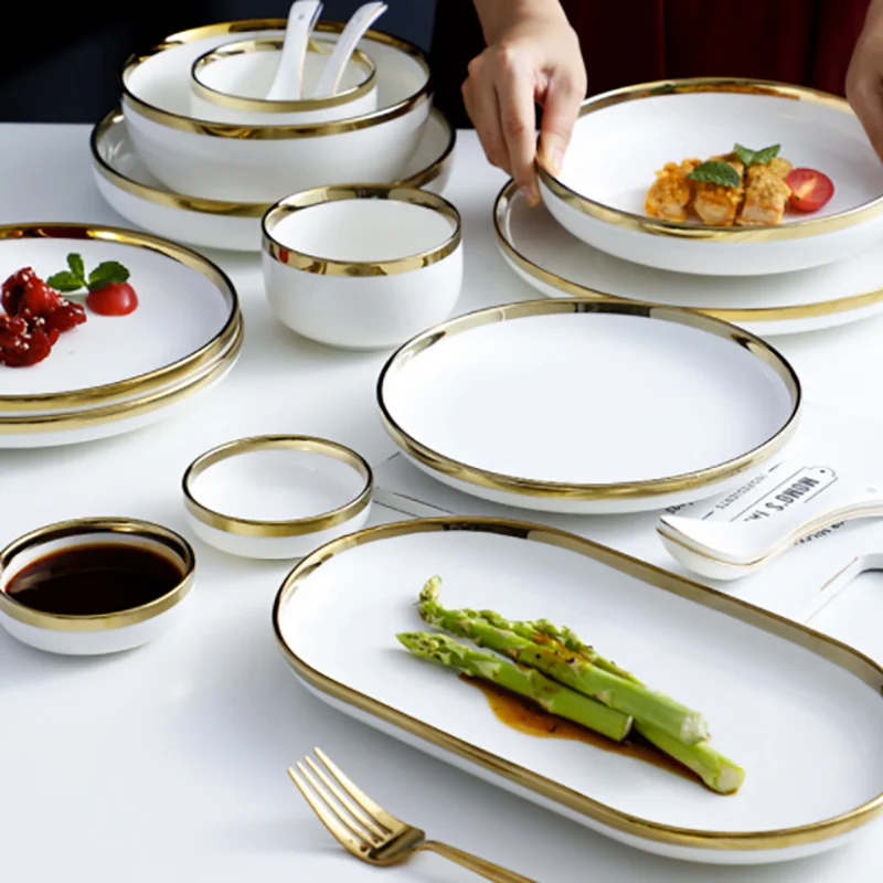 

Ceramic Gold Plated Edge Plate Tableware Set White Porcelain Dinner Plate Household Kitchen Rice Bowl Salad Dish Steak Tray