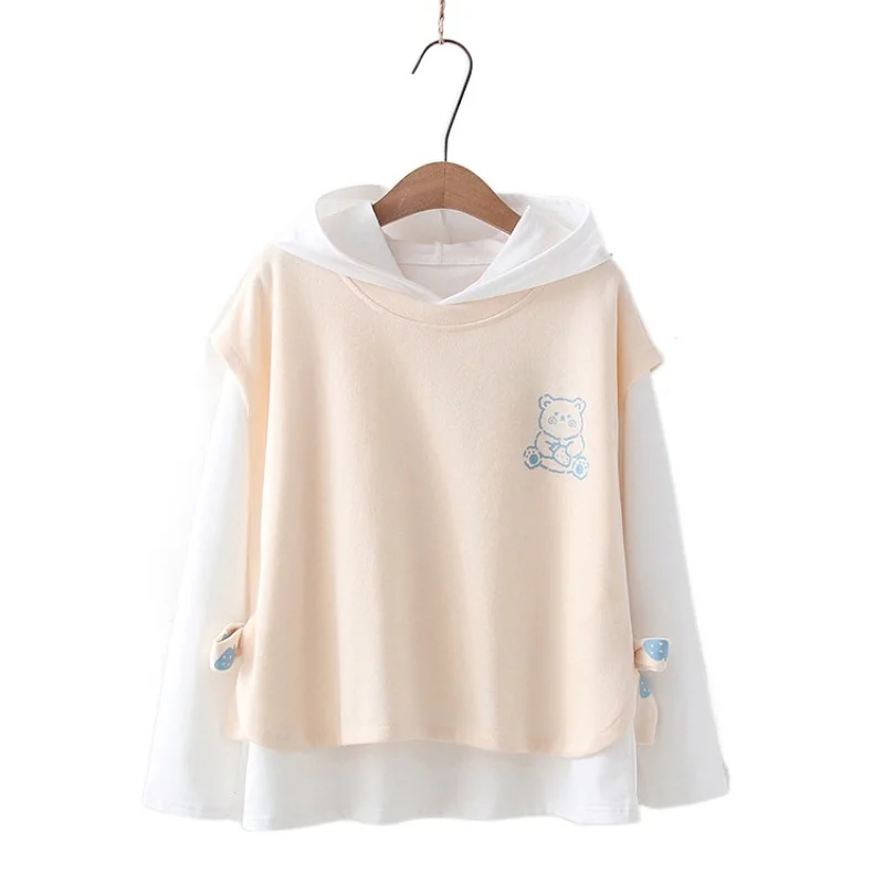 

Женский комплект из 2 предметов, толстовка с капюшоном и жилет с принтом медведя в стиле харадзюу, милый топ в Корейском стиле, осень 2021