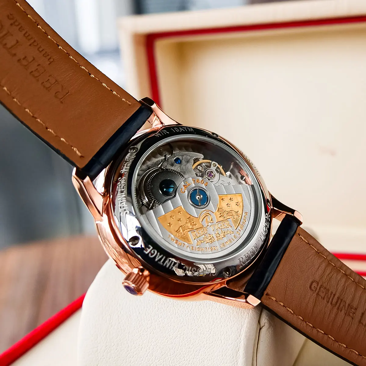 

Reef Tiger/RT Top Brand Luxury Casual Watches Mens Blue Genuine Leather Strap Automatic Watch RGA82B0-2