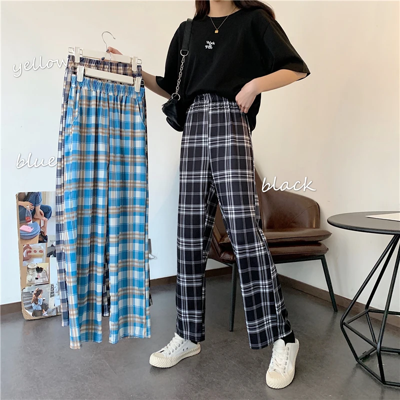 

HOUZHOU Plaid Pants Women Korean Style Checkered Pants for Women Fashion Grid Pants Loose Casual Plaid Trousers Ankle Length