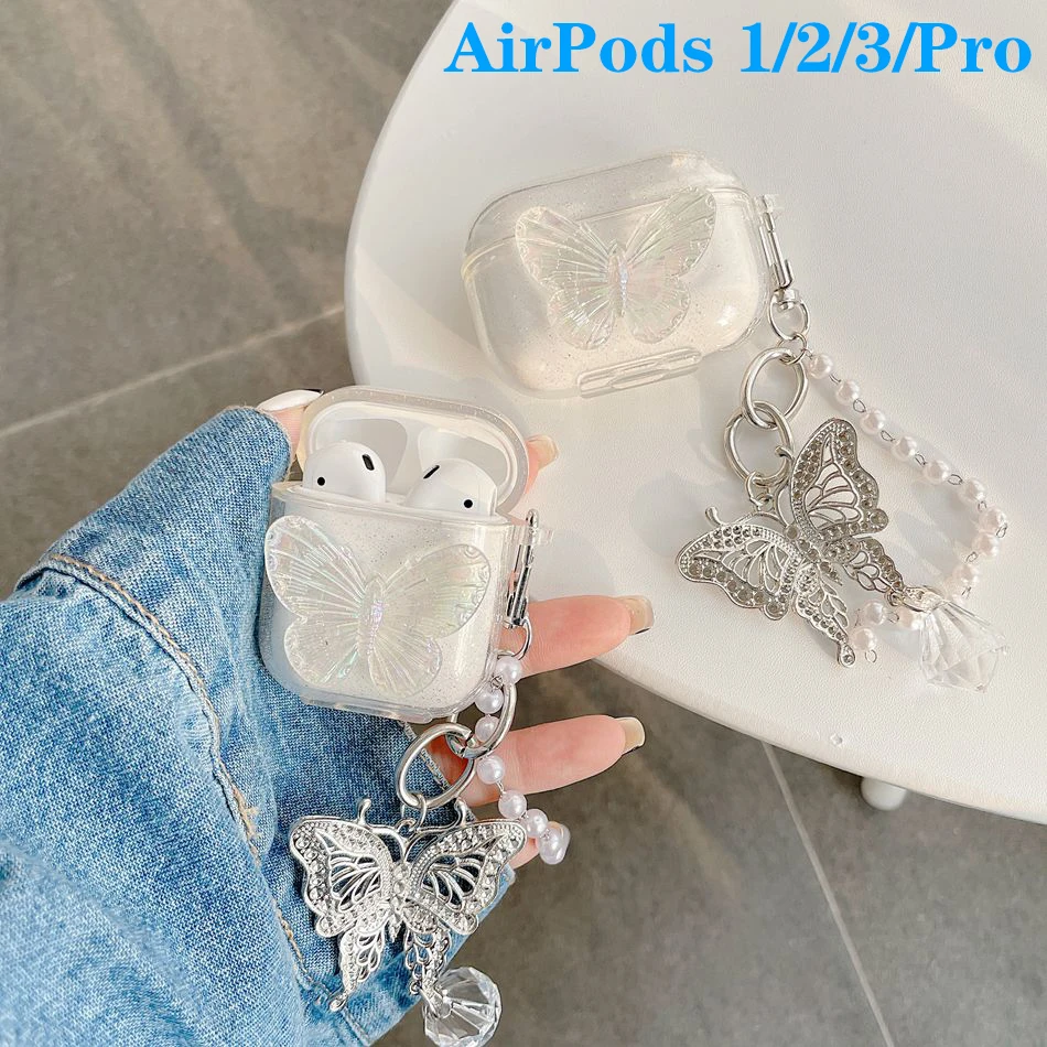 

Роскошный Блестящий Прозрачный чехол для AirPods 3, чехол для airpod 2, милый чехол для наушников AirPods PRO с брелоком-бабочкой, мягкий силиконовый чех...