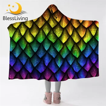 BlessLiving Dragon Scales Hooded Blanket for Adults Rainbow Sherpa Fleece Wearable Blanket Luxury Colorful Throw Blanket Hoodie 1
