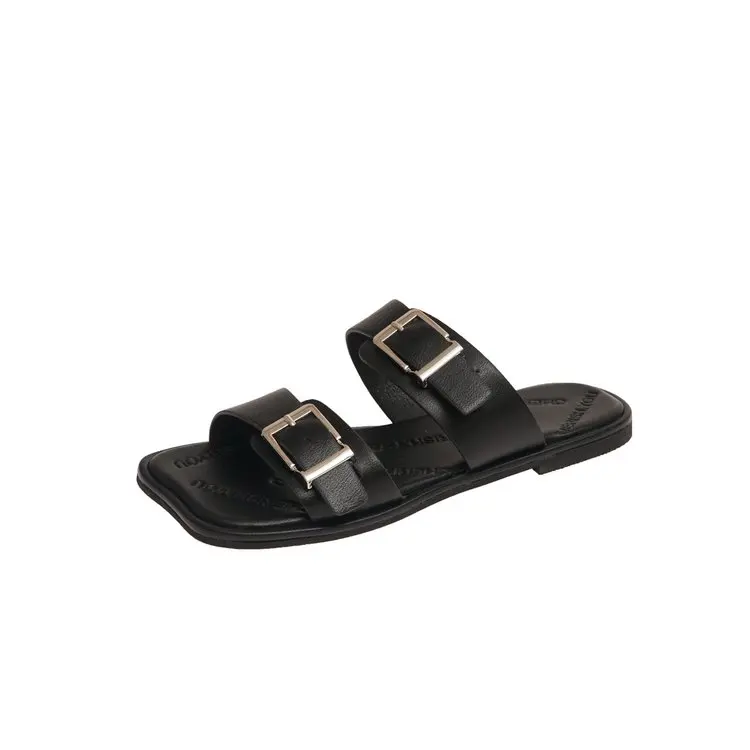 

Shoes Woman 2021 Female Slippers Square Toe Luxury Slides New Summer Flat Rubber Designer Soft Fashion Basic PU