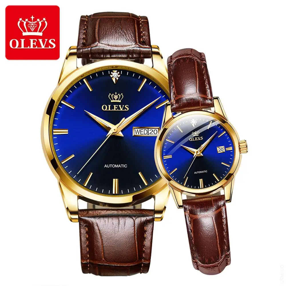 OLEVS Couple Automatic Watch for Men Women Pair Matching His & Hers Mechanical Watches Wristwatch Date Valentine's Gifts Set
