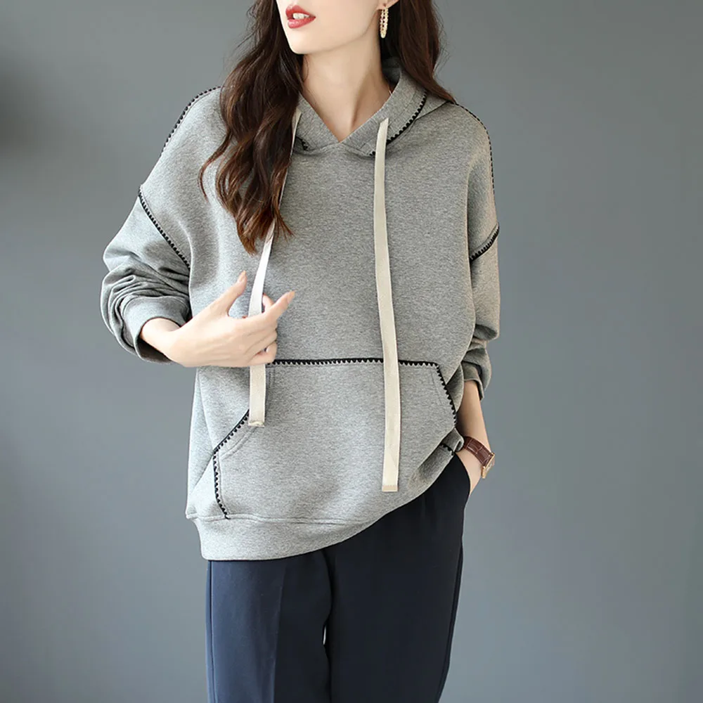 Женская толстовка с капюшоном однотонная Толстовка в Корейском стиле карманами