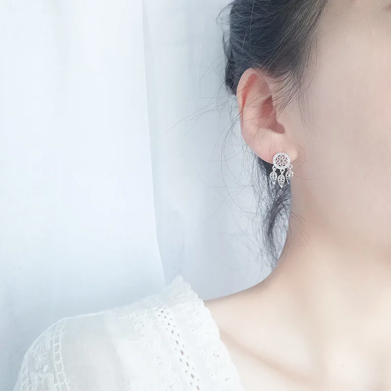 

925 Sterling Silver Women's Feather Mesh RoundDrop Earrings Diamond-studded Short Eardrop Dangle For Women Jewelry Gift