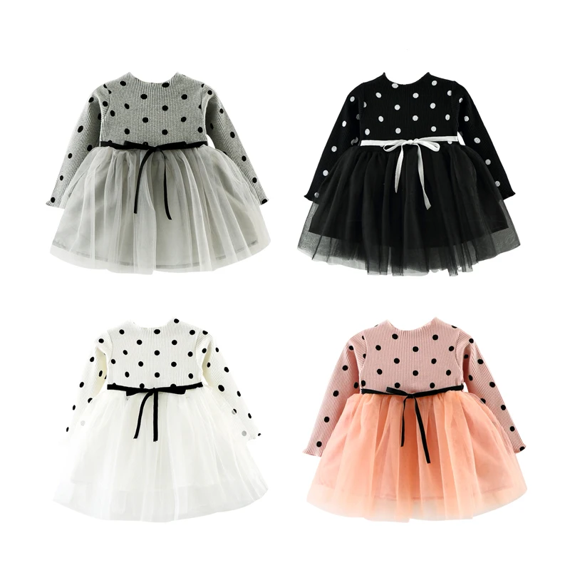 

Autumn Winter Polka Dot Stitching Yarn Costume Princess Dress Baby Girls Long Sleeve Cute Belt Warm Sweater