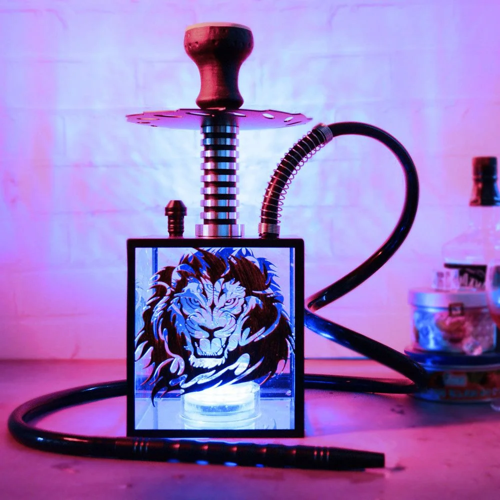 

Unique Arab LED Light Hookah Set Lion Head Pattern Square Transparent Acrylic Shisha Pot Single Tube Chicha Narguile Accessories