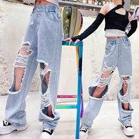 hip hop girls clothing kids fashion loose ripped jeans for teenage girls trousers children wide leg distressed denim pants