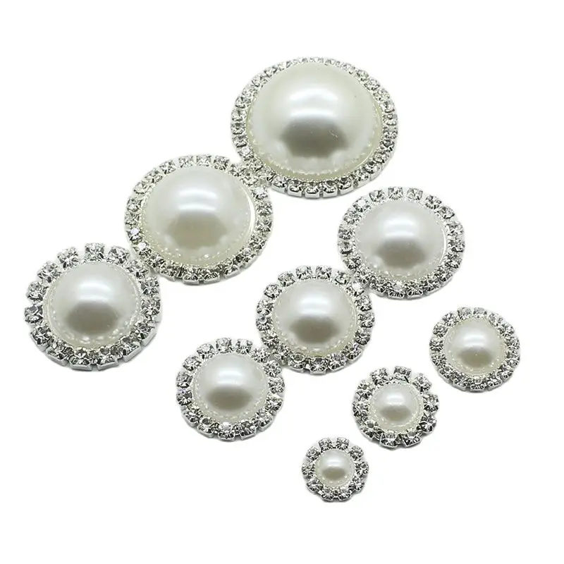 

White Pearl Buttons Mix Size Sewing Round Metal Button Accessories 10Pcs/Lot DIY Handwork Ribbon Hair Girl Shiny Silver Decor