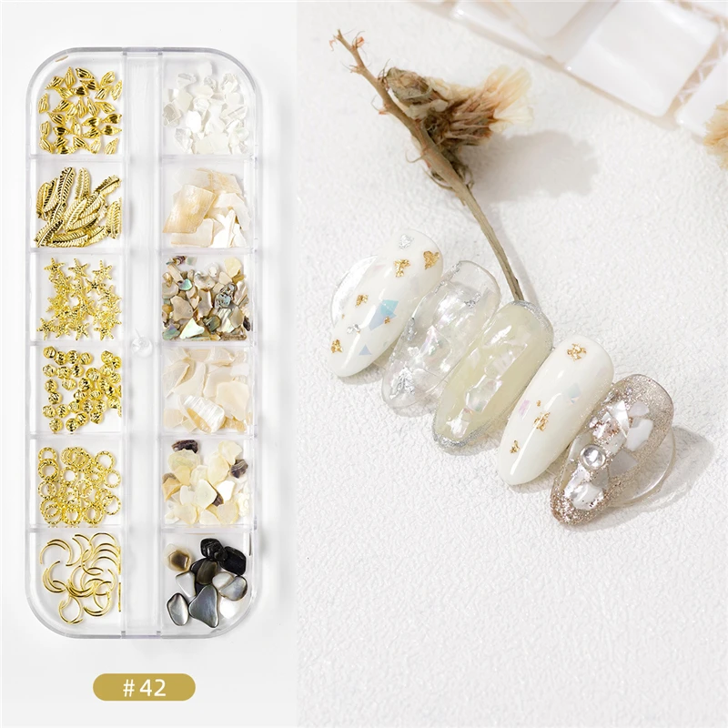 

12 Grid/Box Nail Art Glitter Flakes Rivet Rhinestone Semicircular Bordure Pearl 3D Slices Decorations Tips