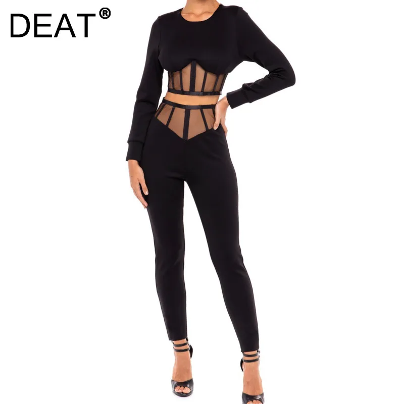 

DEAT 2021 New Women Fashion Slim Black Round Neck Patchwork Gauze Top And High Waist Pants Two-piece Winter And Autumn 7E1302