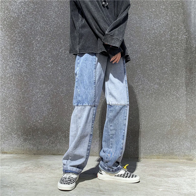 

Korean Style Fashion Men's Denim Wide-leg Pants 2021 New Autumn Loose Straight-leg Jeans Paneled Denim Trousers Male