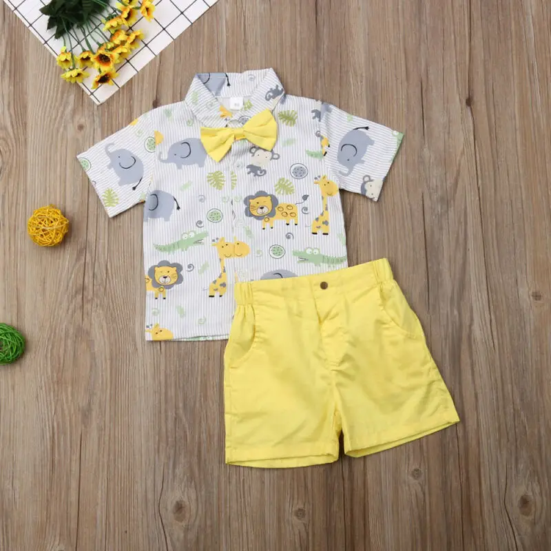 Fashion Kids Baby Boy Summer Suit Wedding Party Bowtie Gentleman Cartoon Print Shirt Shorts Pant Outfits 1-6Y | Детская одежда и