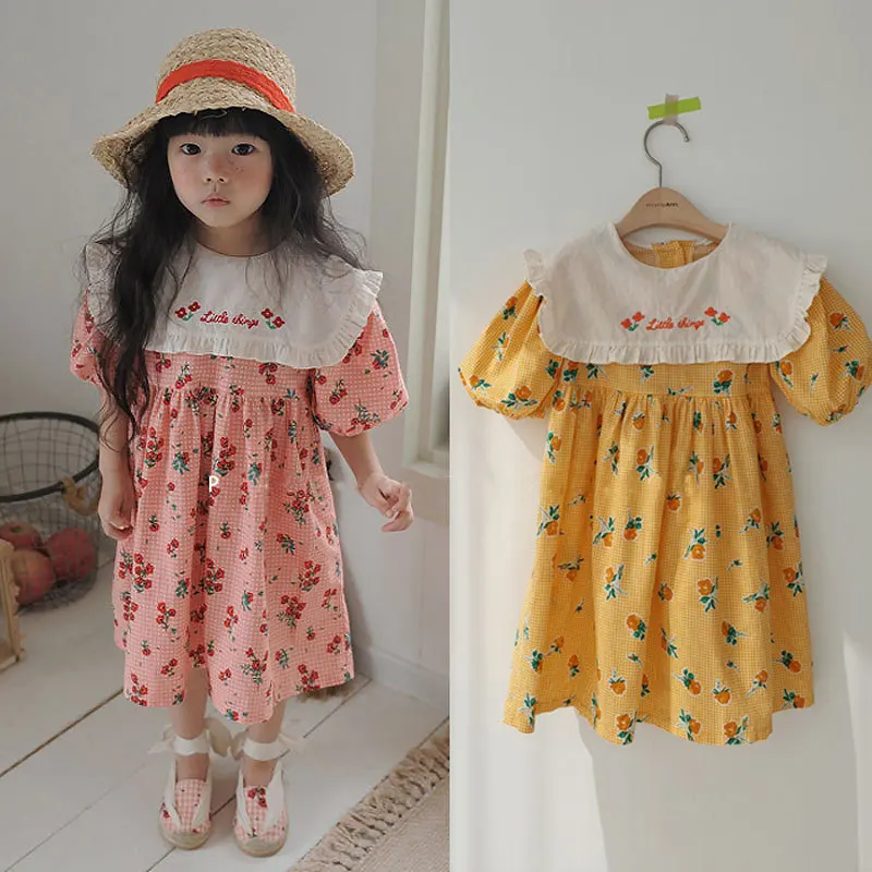 

Платья для девочек от 2 до 7 лет, новое Летнее Детское корейское Цветочное платье, модное милое платье с большими лацканами и вышивкой для дев...