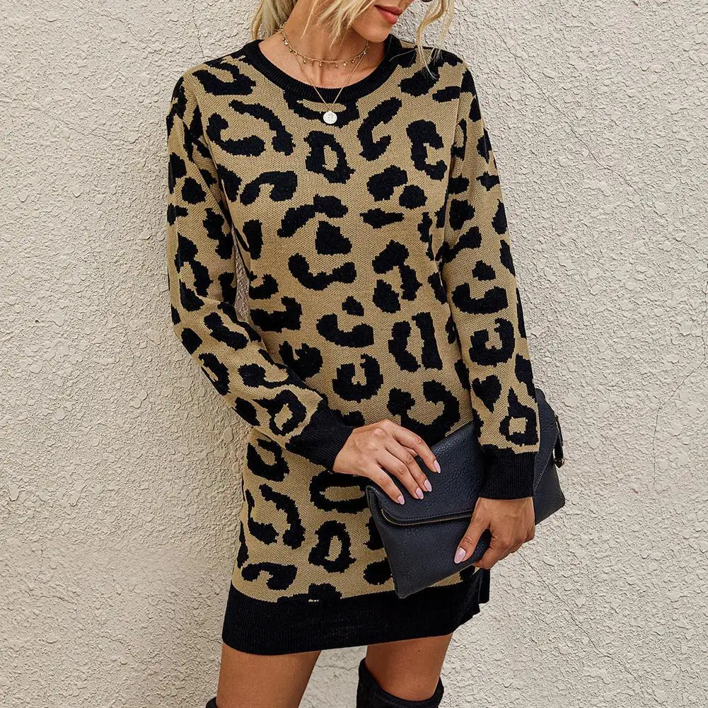 

Sweaters Women Winter Long Sleeve Pullovers Mini Bodycon Sweater Dress Leopard Print Knit Pullover Sweaters Women's Clothing