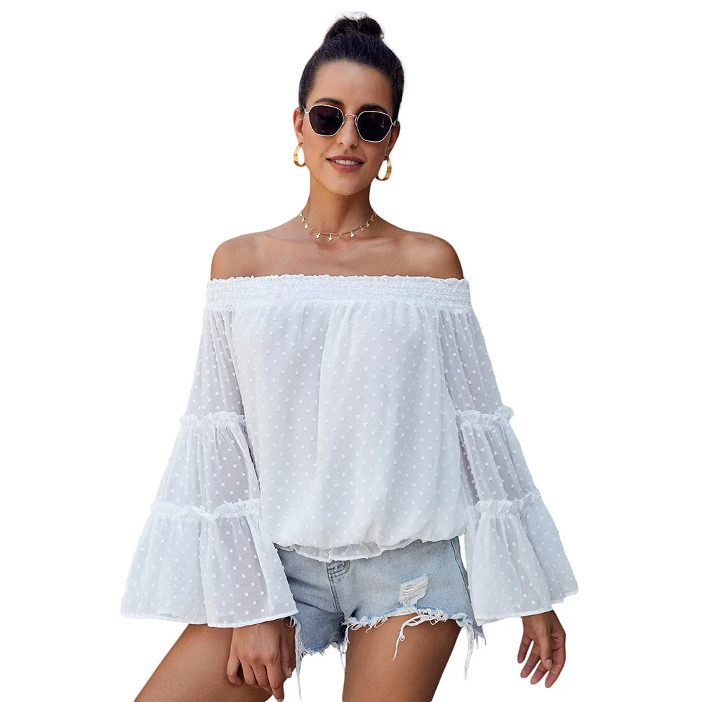 

Tops Shirts Women 2020 Summer Elegant Long Sleeve Tshirt Off The Shoulder Mesh Tops Womens Sexy Flare Sleeve Dots T Shirt Tees