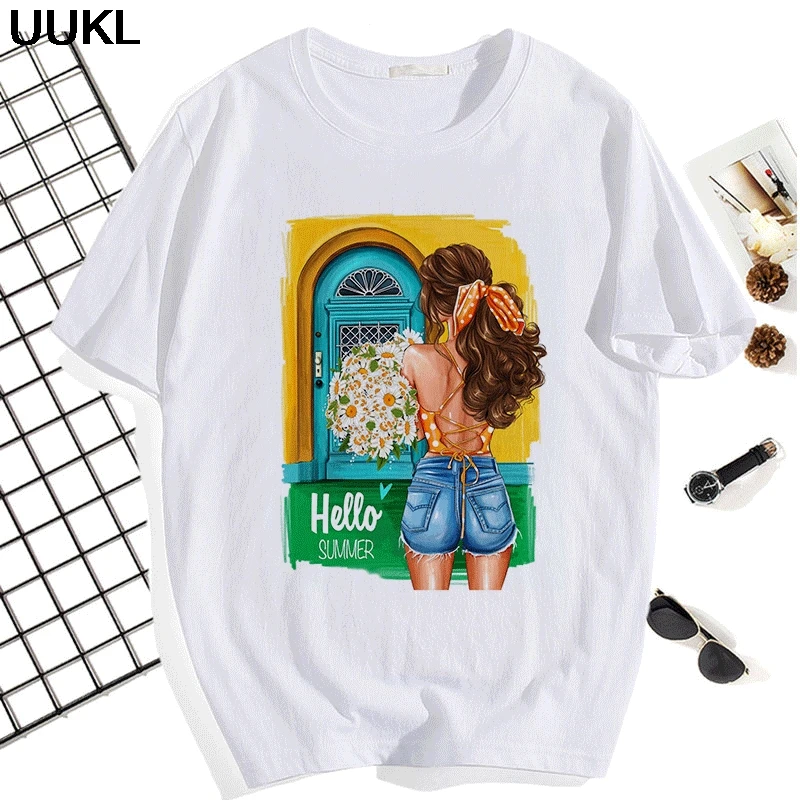 UUKL Poleras Mujer De Moda 2020 тонкая секция белая футболка Harajuku Hello Летняя женская для отдыха