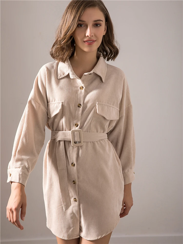 Платье-мини женское осенне-зимнее с поясом и карманами | Женская одежда