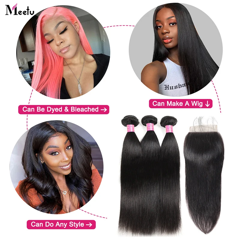 Meetu бразильские прямые волосы пучки с закрытием человеческие Детские Волосы 4