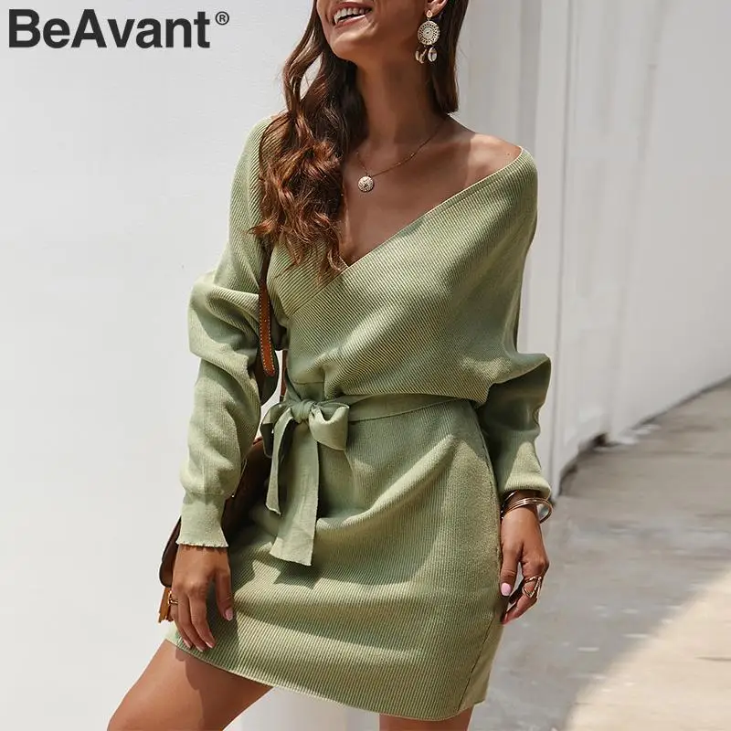 BeAvant сексуальное женское платье-свитер с v-образным вырезом платье высокой талией