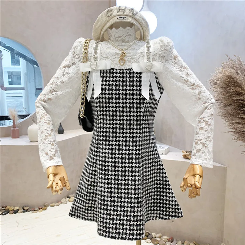 

Niche Design New Women's Clothing 2021 Autumn Winter Vintage Tweed Check Suspender Dress + Lace Bottomed Shirt two-piece Set