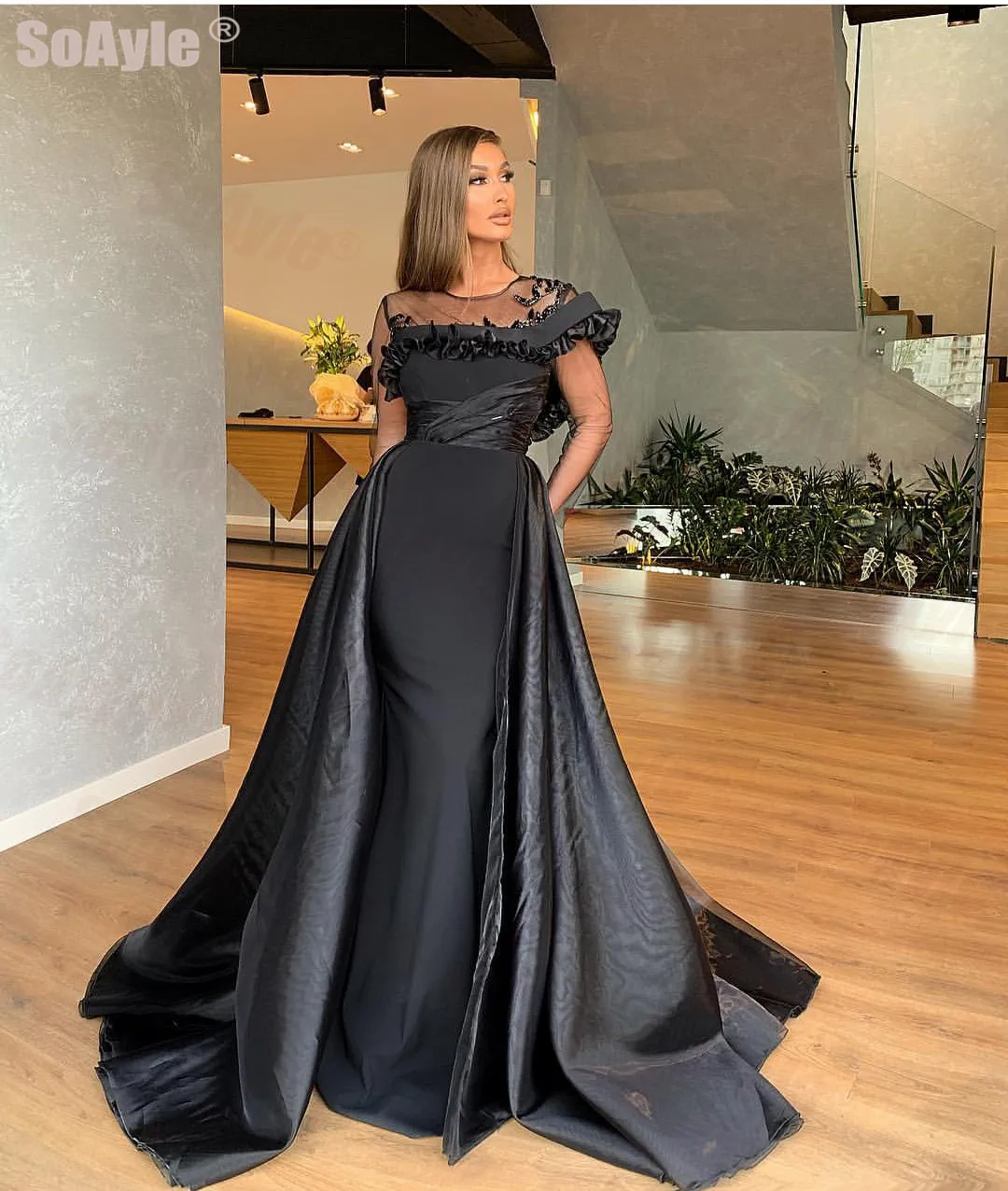 

SoAyle Evening Dress with Long Sleeves Beaded Mermaid Evening Dress 2020 Sheer Neck Sexy Africa Black Evening Party Dresses
