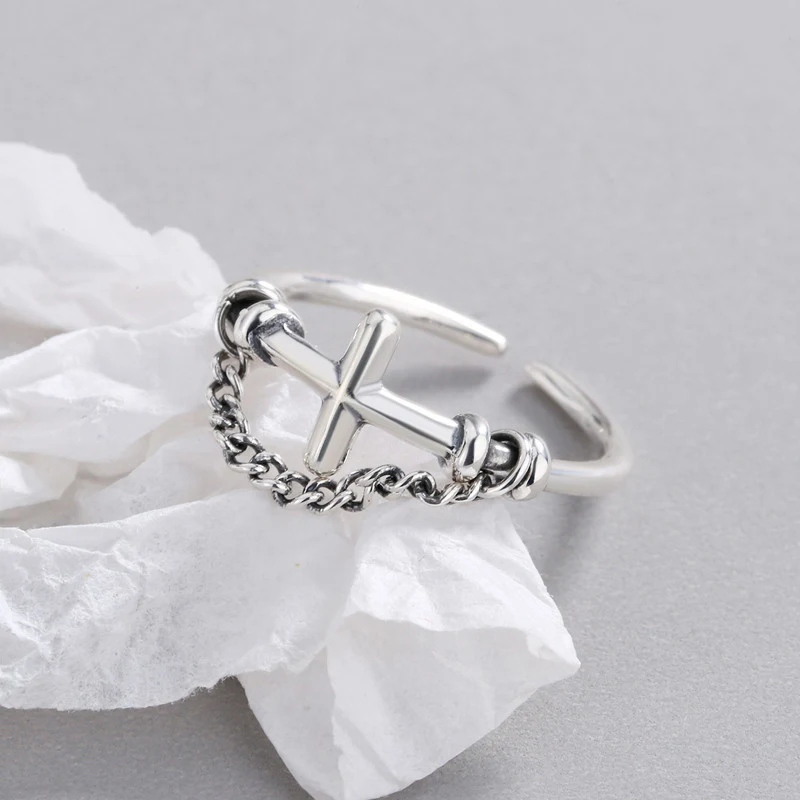 

Fashion personality retro cold style opening adjustable couple ring New cross chain men's and women's rings Jewelry wholesale