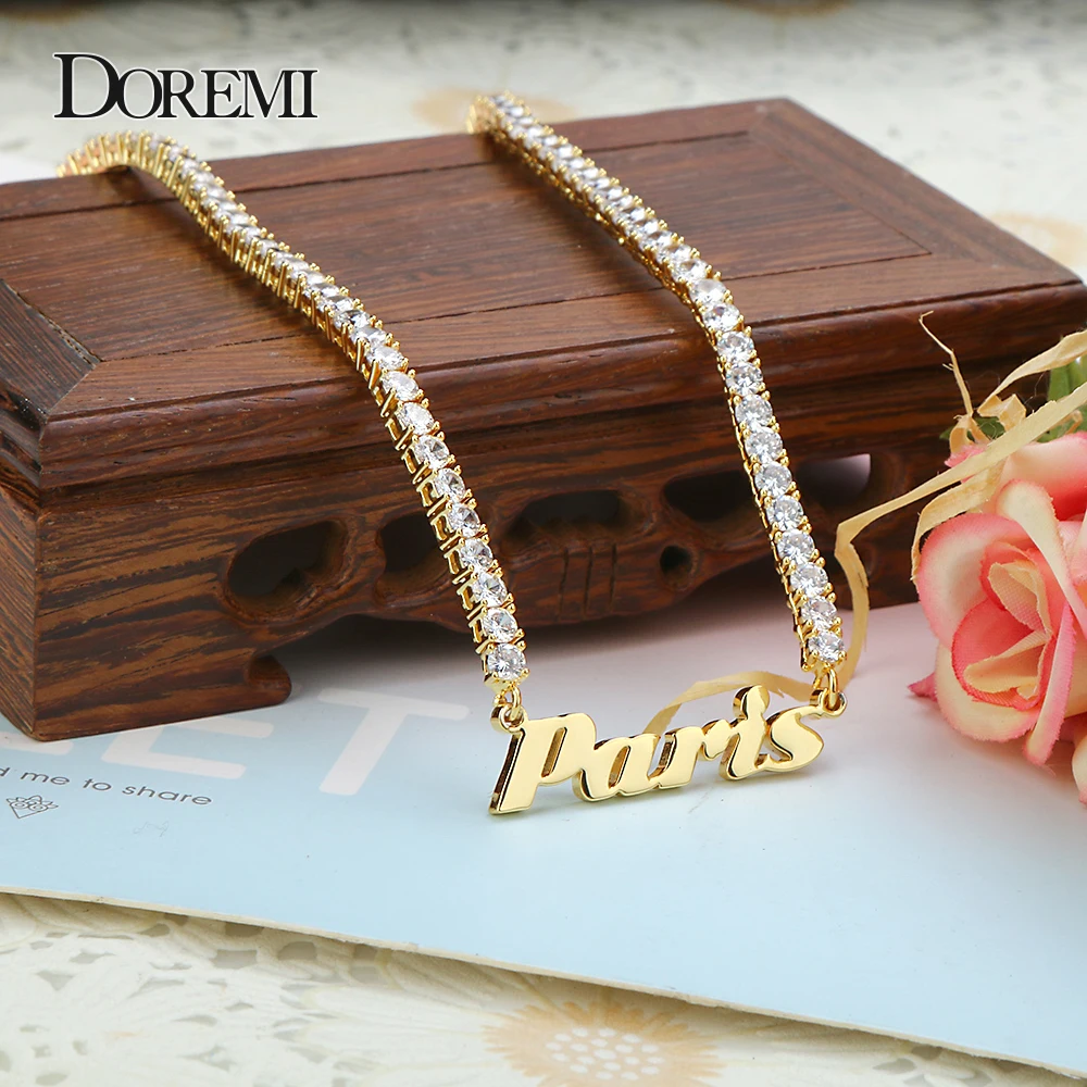 DOREMI Hip Hop Style 4MM Zircon Chain Custom Stainless Steel Name Necklace Iced Out Personalized Name Pendant with Logo Numbers