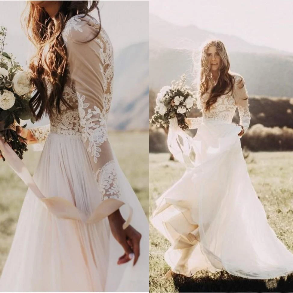

Simple Bohemian Beach Wedding Dresses Country Long Sleeves Bridal Gowns Floor Length Summer Boho Hippie Western Wedding Gowns