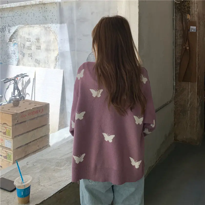 

Y2k Spring and Autumn Clothing Loose Long Sleeve Top Korean Fashion Purple Knitted Cardigan Sweater Women