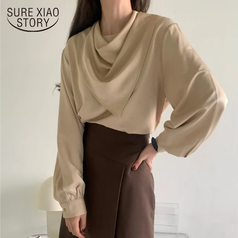 

Autumn New Scarf Collar Detachable Shirt Korean Loose Solid Color Chiffon Blouse Women Plus Size Tops Chemisier Femme 12428
