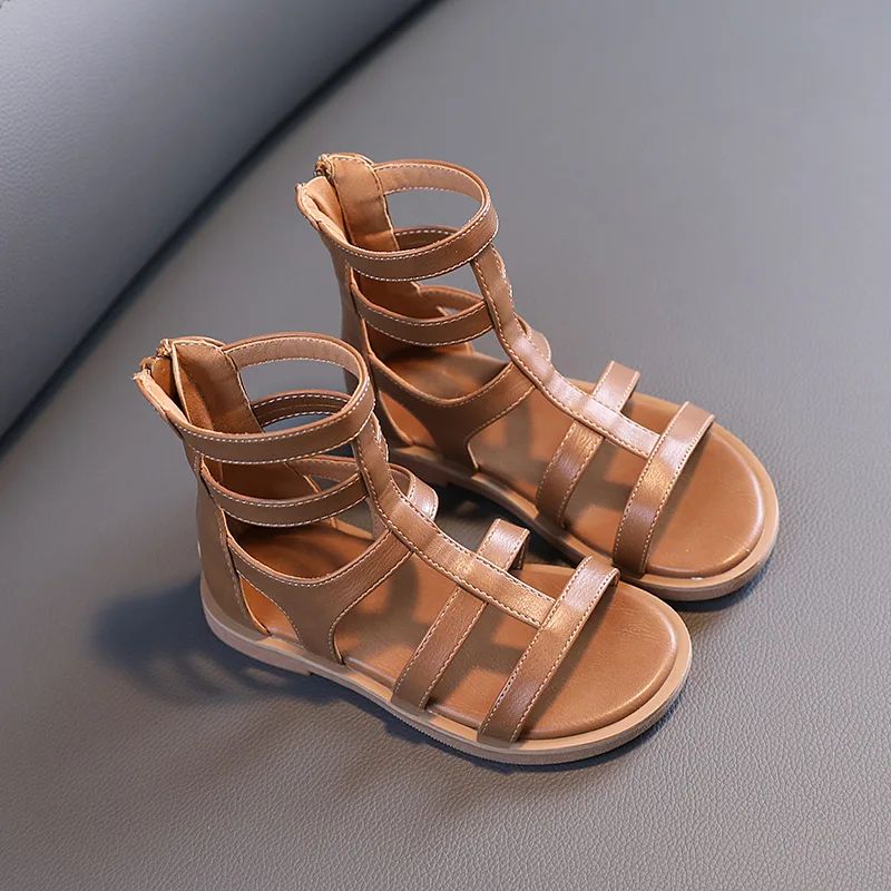 

New Girls High Top Princess Gladiator Soft Leather Rome Sandals Children Summer Fashion Performance Beach Shoes Student Baby 041