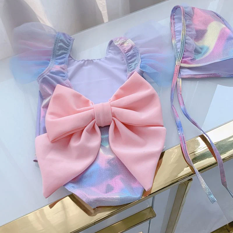 

Baby Sweet Sleeveless Swimsuit With Cap Swimwear Dress For Girls 2022 Summer Children One-piece Swimming Suit Swimwear For Kids