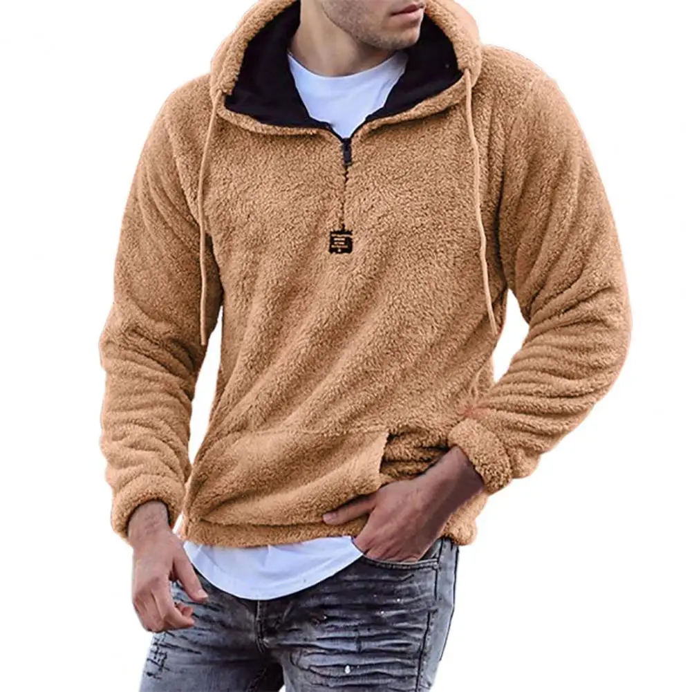 

Плюшевый пуловер с длинным рукавом, худи, мужская осенне-зимняя однотонная теплая толстовка с капюшоном и передним карманом, толстовка