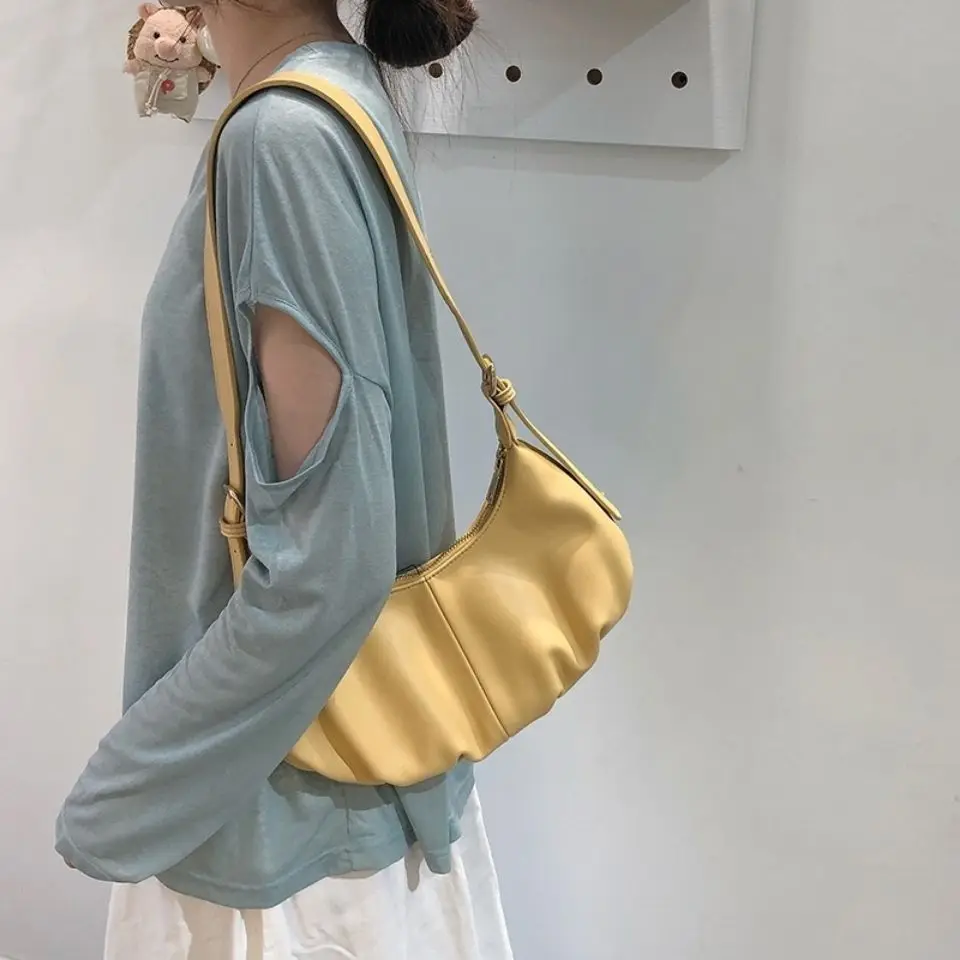 

Women'S Fold Cloud Shoulder Bag 2021 Trend Fashion Beige Yellow Brown Moon Purses And Handbags​Ladies Baguette Armpit Bag